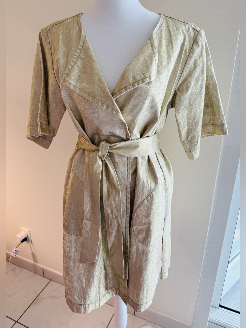 Kate Spade metallic Gold Short Sleeve Trench Coat 6